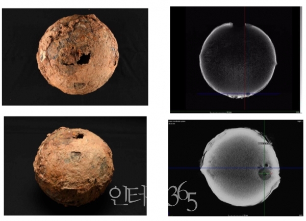 비격진천뢰 모습(왼쪽)과 CT 촬영사진(국립중앙박물관 촬영)/사진=문화재청