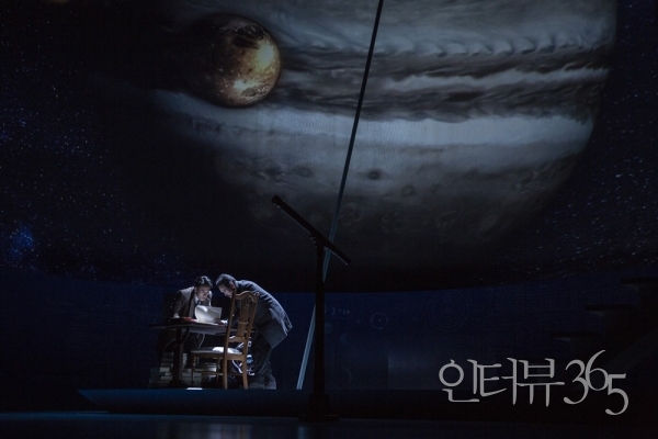 망원경을 통해 코페르니쿠스와 부르노의 가설을 '확인'할 뿐만 아니라 우주에 관한 여러 새로운 사실들을 발견하게 된 '갈릴레이'(김명수)와 그의 친구 '사그레도'(김정환, 왼쪽).