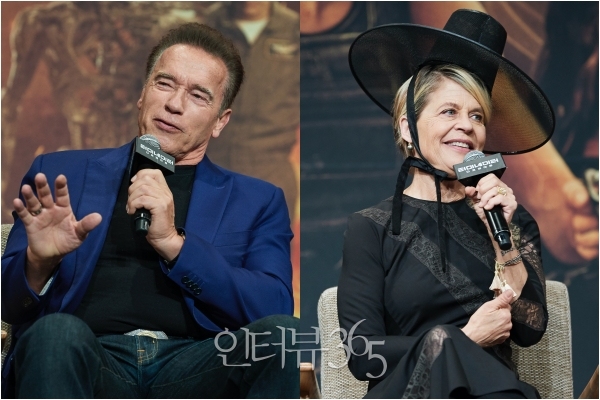 21일 오전 서울 광화문의 한 호텔에서 열린 영화 '터미네이터: 다크 페이트' 내한 기자간담회에 참석한 배우 아놀드 슈왈제네거와 린다 해밀턴/사진=월트디즈니컴퍼니 코리아