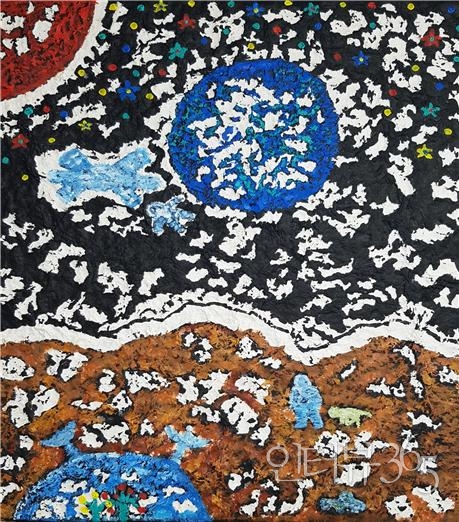 우주개발202001, 72.7X60.6cm, 한지에 먹과 유채