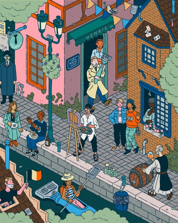 상상 속 벨기에(A Belgian Fancy), 2021 ⓒ Ilya Milstein. 미국 면도 상품 제조회사 '해리스(Harry's)'의 커미션 작품 시리즈 중 벨기에의 거리를 그린 작품은 만화가 '에르제'의 캐릭터 '땡땡'을 등장시킨다./사진= 마이아트뮤지엄