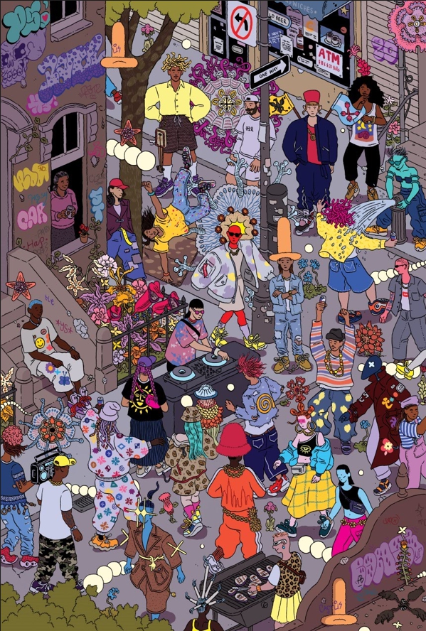 뜻밖의 손님이 있는 거리 파티(View of a Block Party from a Misperceptive Attendee), 2019 ⓒ Ilya Milstein. 현실과 환상이 공존하는 듯 기괴함과 상상력을 자극하는 스타일은 화가 히에로니무스 보스의 영향을 떠올리도록 만든다./사진= 마이아트뮤지엄