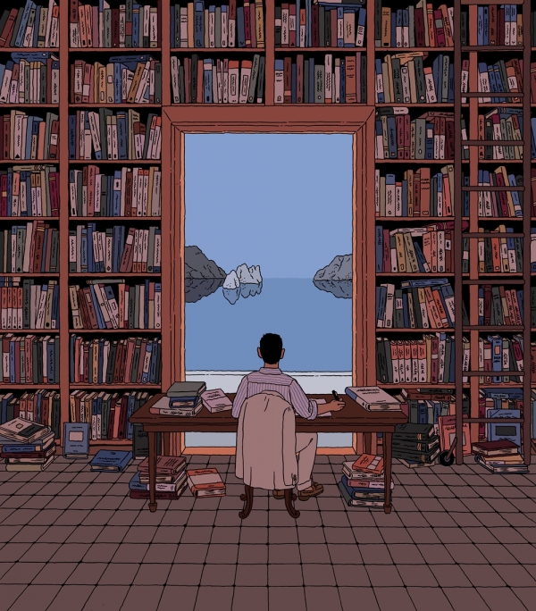 티레니아해 옆 서재(A Library by the Tyrrhenian Sea), 2018 ⓒ Ilya Milstein. 첫 번째 캐비닛을 구성하는 단독 인물이 등장하는 작품들은 고독과 사색의 양면성을 표현한 특징이 있다./사진= 마이아트뮤지엄