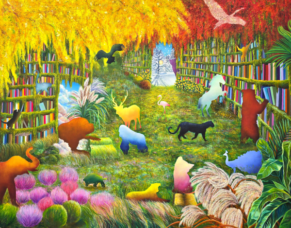 이야기들의 숲-도서관 환타지, 162x131cm, Oil on Canvas 2025&nbsp;ⓒ천지수