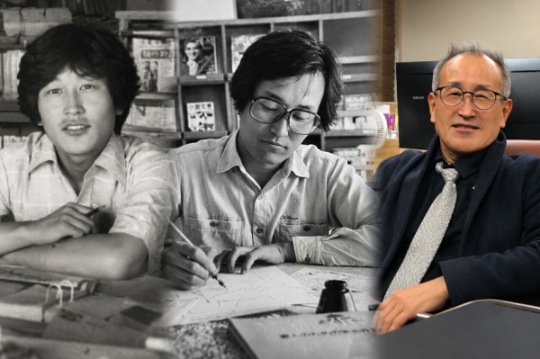 유환석 화백의 젊은 시절과 원고 작업에 몰두하던 모습, 최근의 모습(왼쪽부터). 숫자에서 사람을 발견했던 소년의 시선은 반세기 동안 시대와 사람을 그리는 시사만화가의 눈으로 이어졌다.